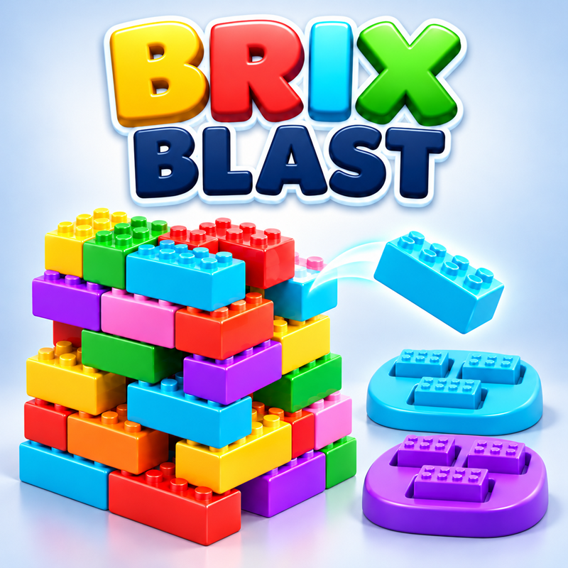 BRIX BLAST: a tower of colorful bricks with blue and purple matching trays.